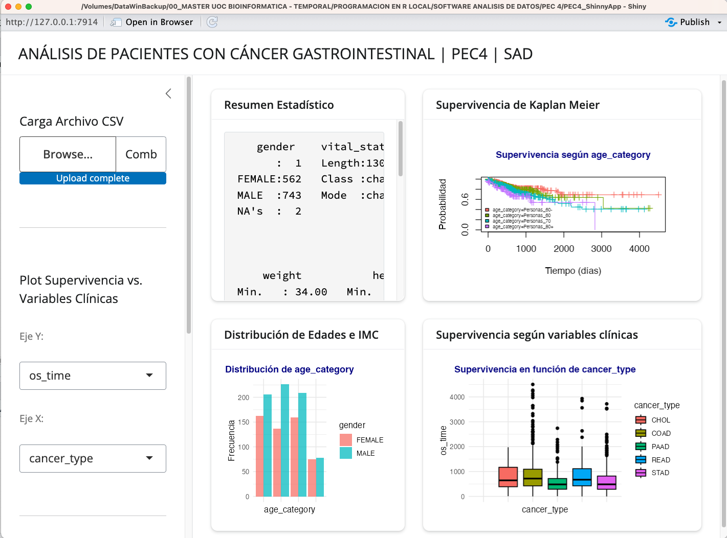 Vista general de la aplicación después de cargar el archivo de datos CSV